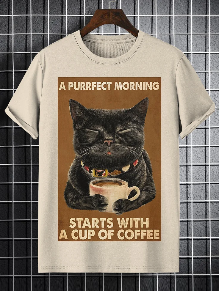 100% Cotton Men's A Perfect Morning Starts With A Cup Of Coffee Cat Print Casual T-Shirt