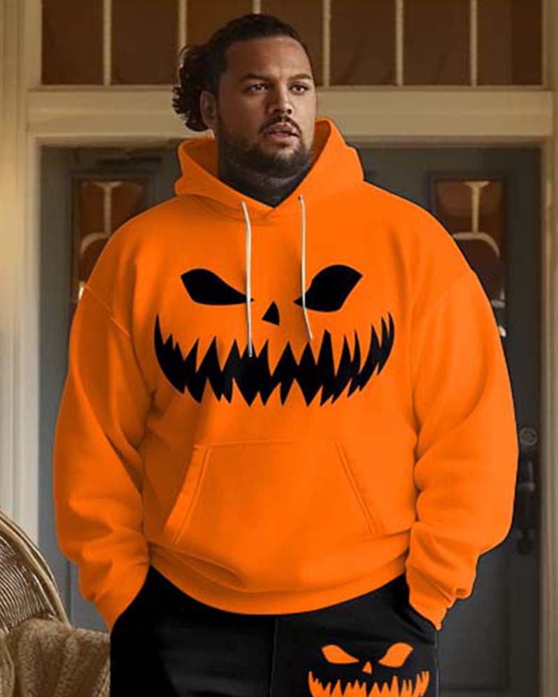 Menswear Halloween Simple Evil Smiley Graffiti Print Big and Tall Hoodie Set