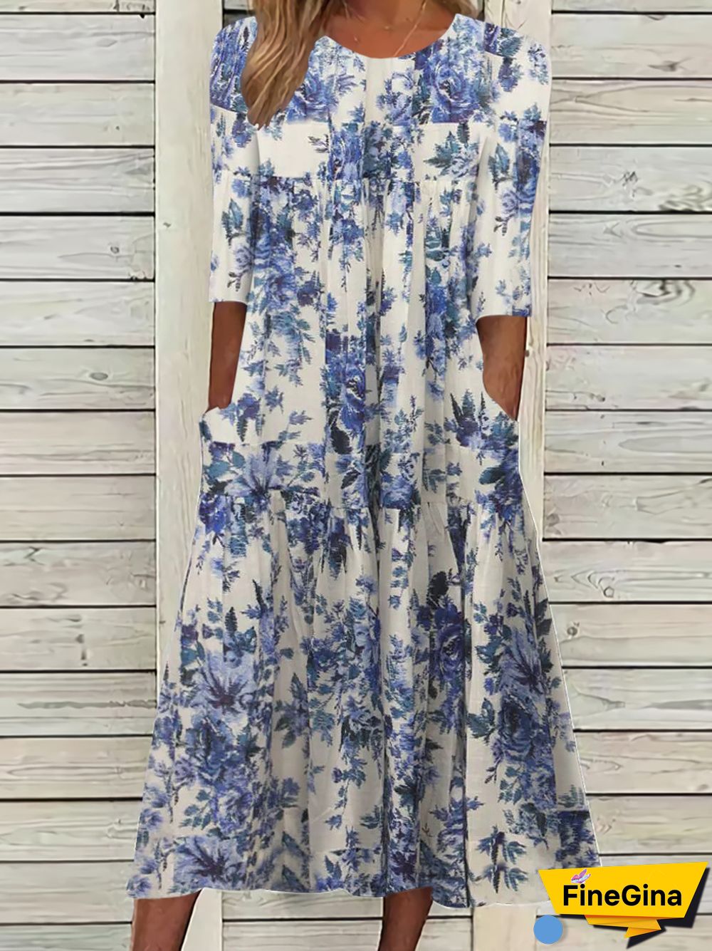 Women Short Sleeve Scoop Neck Floral Printed Midi Dress with Pockets