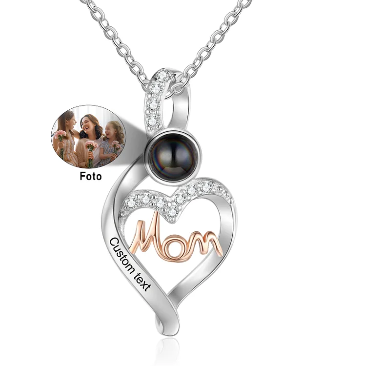 Personalisierte Foto & Text Herz Mom Projektion Halskette mit Zirkonia für Mutter