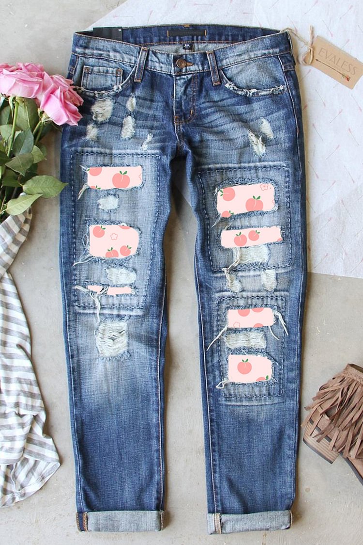 Peach Ripped Patchwork Jeans