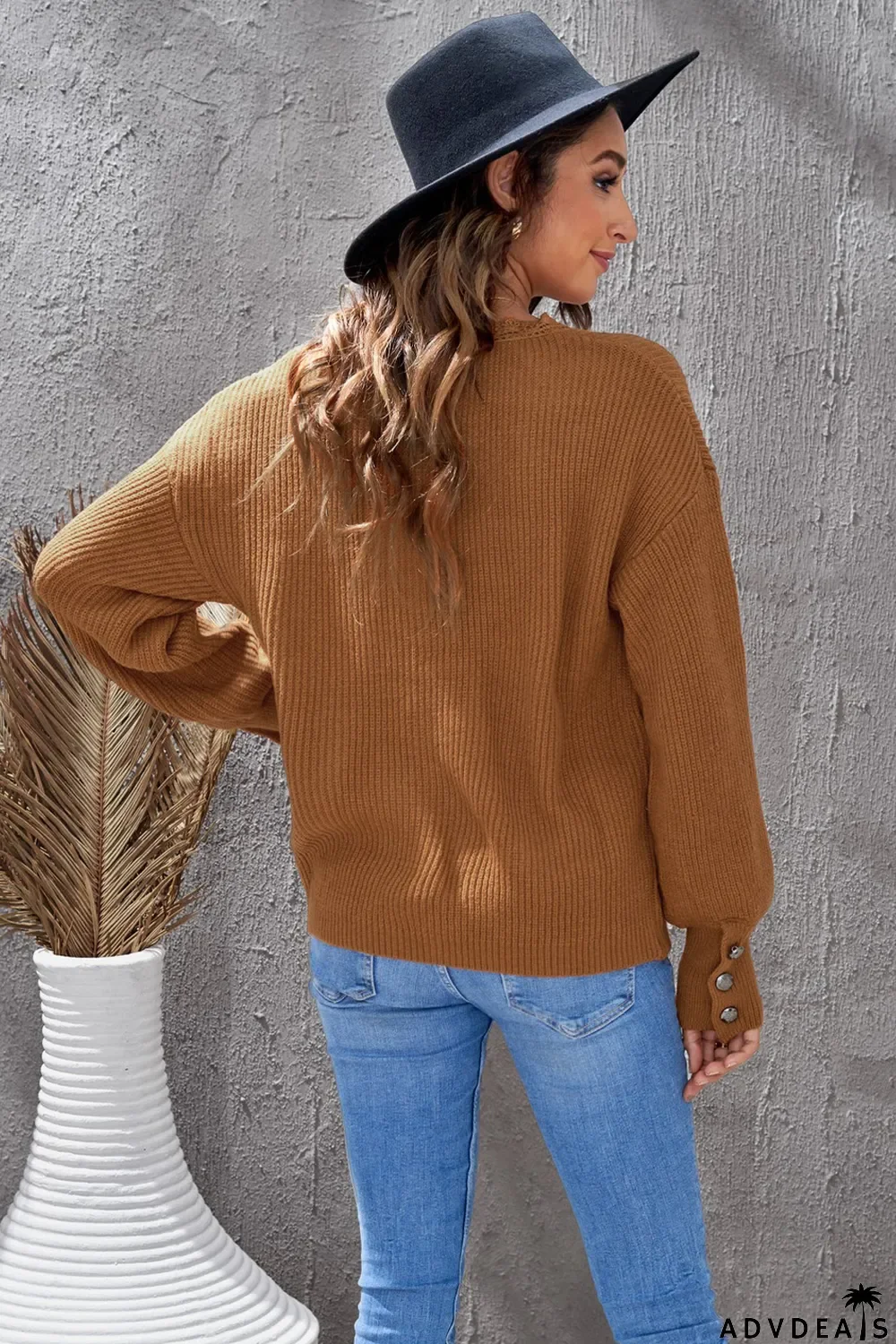 Brown Lace V Neck Knitted Pullover Sweater
