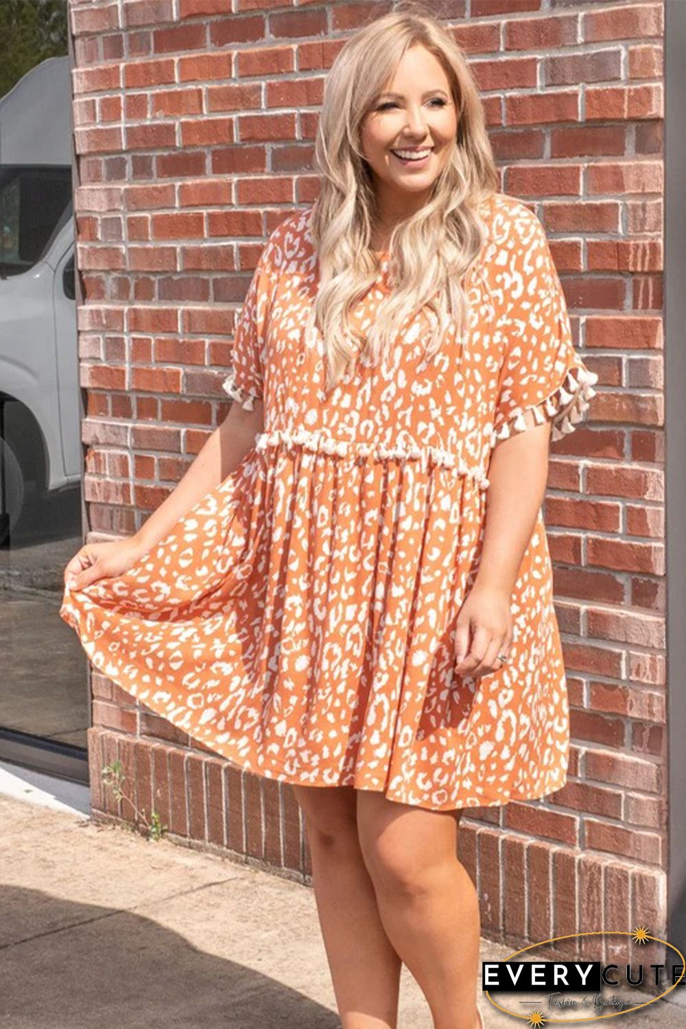 Orange Printed Tasseled Plus Size Swing Mini Dress