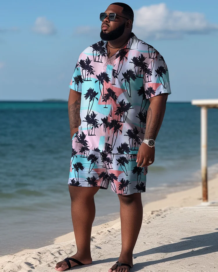 Men's Large Size Hawaiian Color Coconut Shirt Shorts Two-piece Set