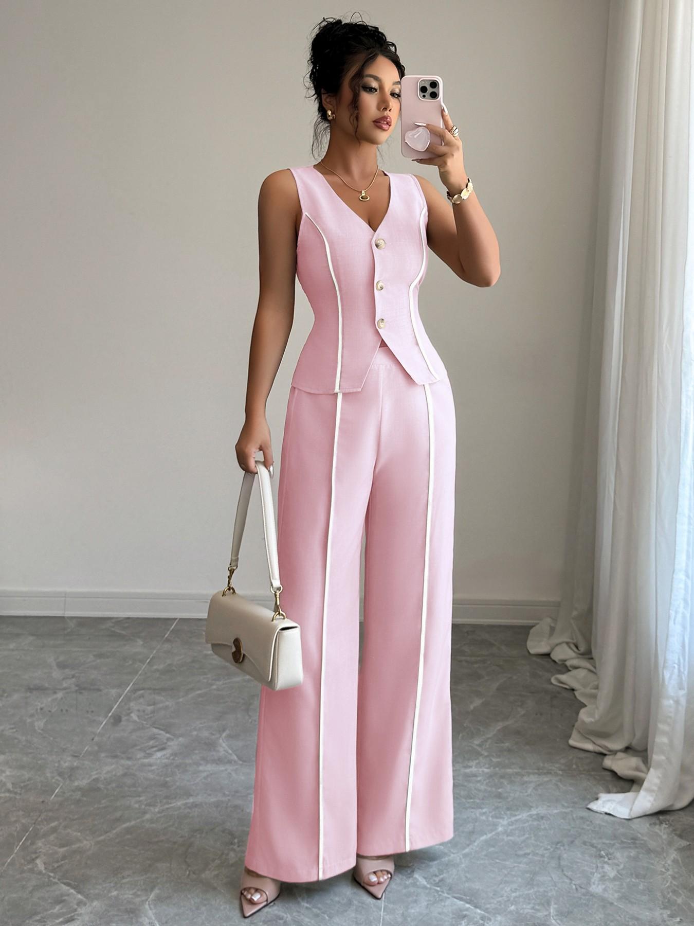 Colorblock V-Neck Sleeveless Button Vest Set Suits with Wide Leg Pants, Spring & Fall Fashion, Minimalist, Slim Fit, Plain Pattern, Natural Waist, Womenswear