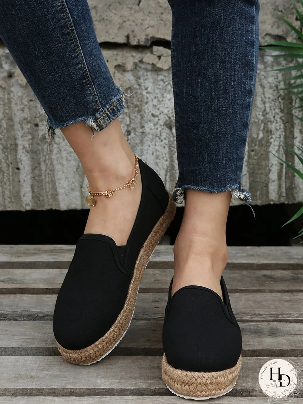 Black White Canvas Straw Platform Loafers