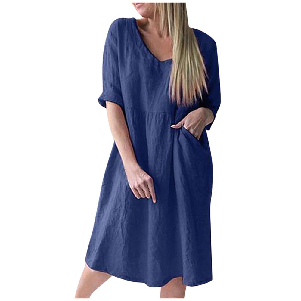 Women  Casual Dress Pure Color Three-Quarter Sleeve V-Neck Knee-Length Dress Women Fashion Causal Frenulum Solid Button Loose