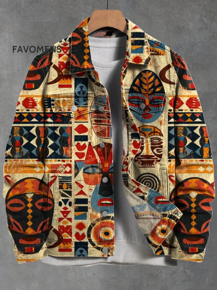Vintage African Art Mask Print Casual Denim Jacket Multicolor / S
