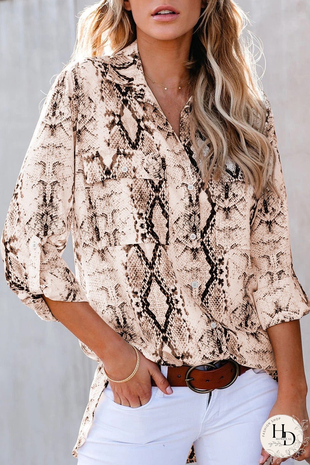 Brown Serpent Patterned Blouse with Convenient Pockets