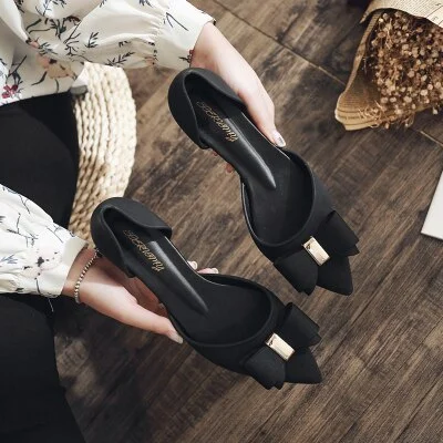 Lourdasprec Women Sweet Knot Shoes Med Square Heel Pointed Toe Jelly Pumps Sandals Summer Autumn Heels Shoes Work Shoes