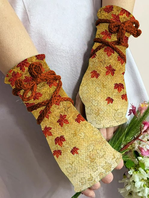 Retro maple leaves print knit fingerless gloves