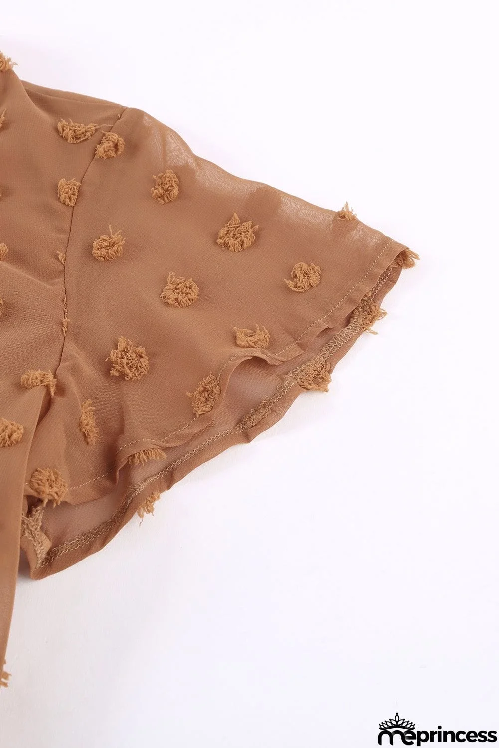 Brown Short Ruffled Sleeve Swiss Dot Blouse