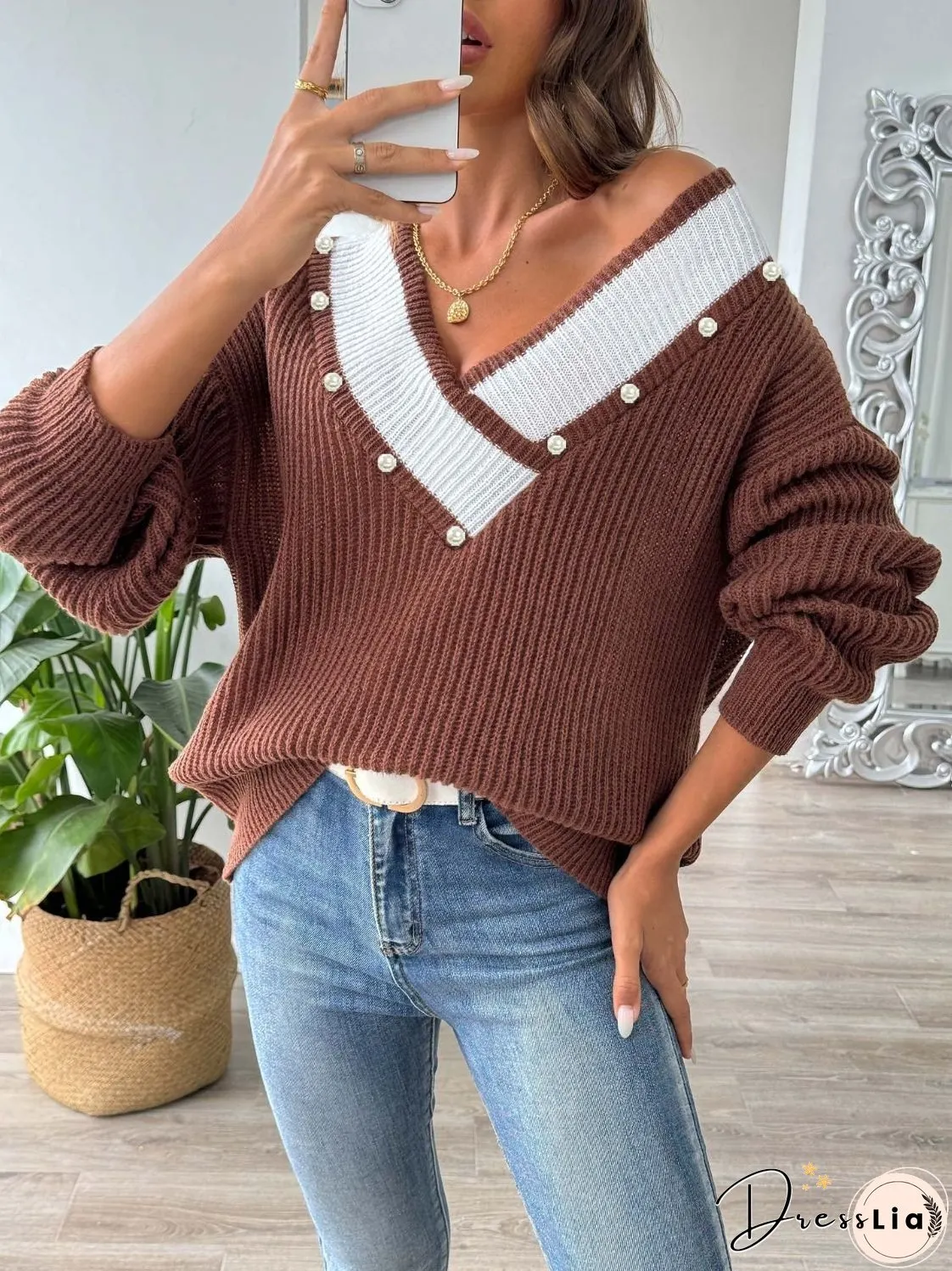 Contrast Trim Dropped Shoulder Long Sleeve Sweater