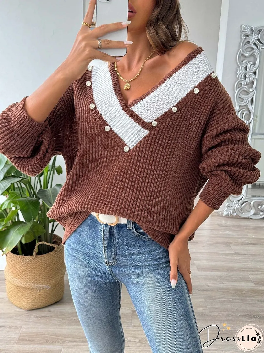 Contrast Trim Dropped Shoulder Long Sleeve Sweater