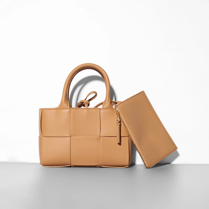 Women's Medium Two-Layer Cowhide Leather Solid Color Business Weave Square Open Shoulder Bag