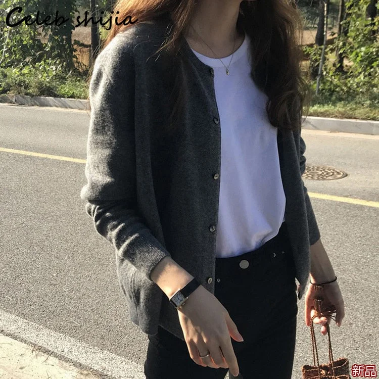 UForever21 Back to School 2022 Vintage Gray Cashmere Cardigan Women Autumn Button Up Long-Sleeve Loose Sweater Coat Female Harajuku Knitted Tops Winter