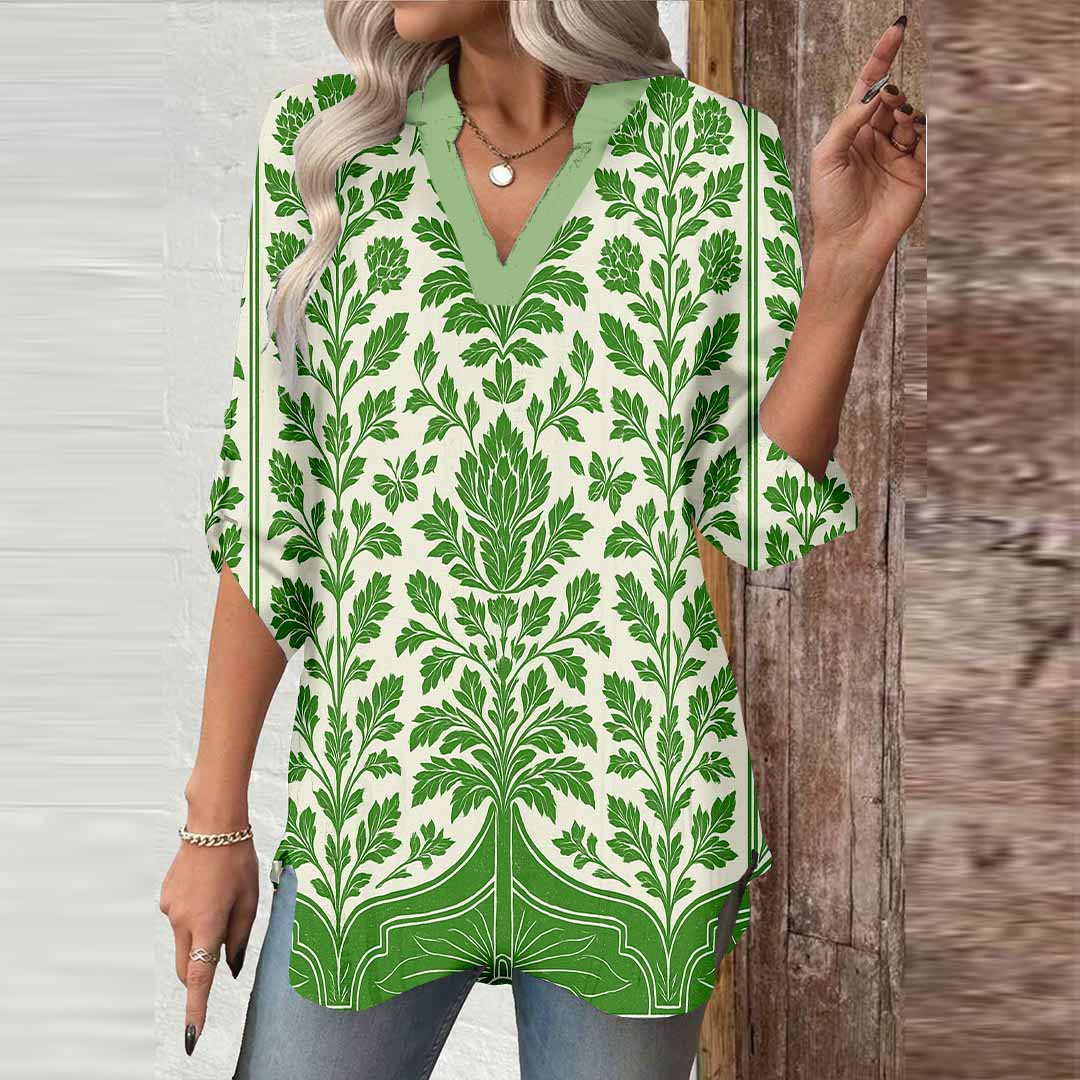 Women Floral, Green DZGA0127 3/4 Sleeve V-neck Printed Graphic Button Tops