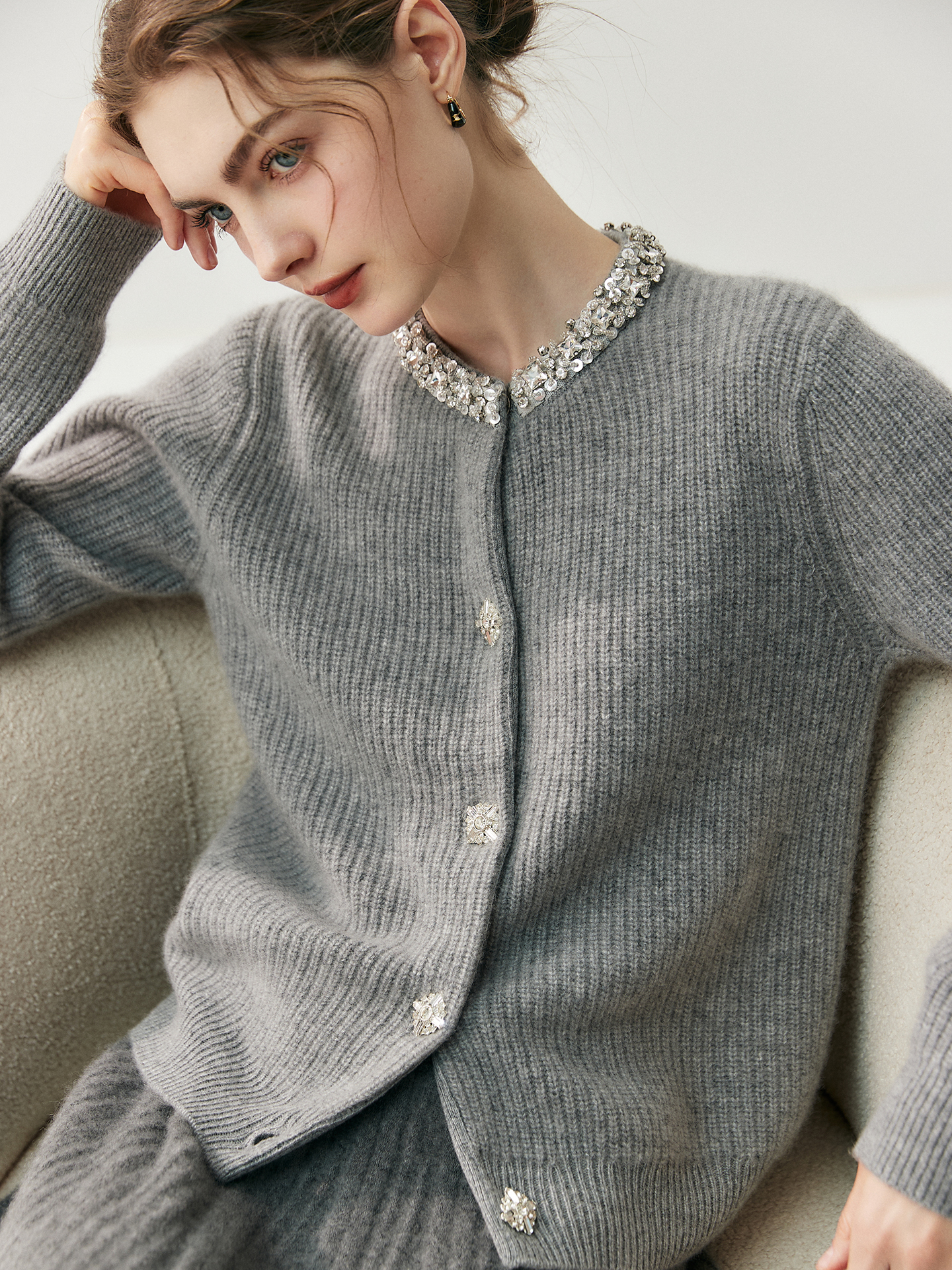 Women's Crewneck Cashmere Cardigan with Rhinestone Details REAL SILK LIFE