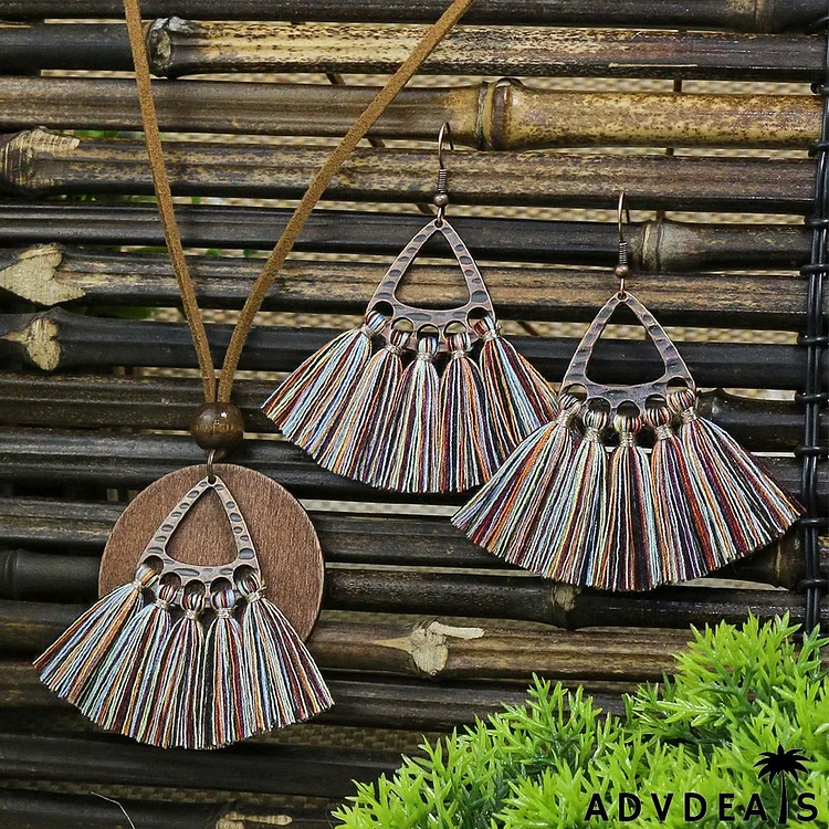 Women Fashion Bohemian Beach Style Shell Hollow Drop Tassel Earrings Necklace Jewelry Set