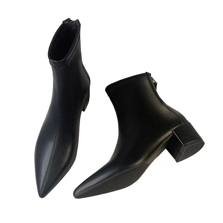 Yyvonne 2025 New Korean Version Of The Sharp-Headed Short Boots Coarse Zipper And Martin Boots Fashion Women's Shoes