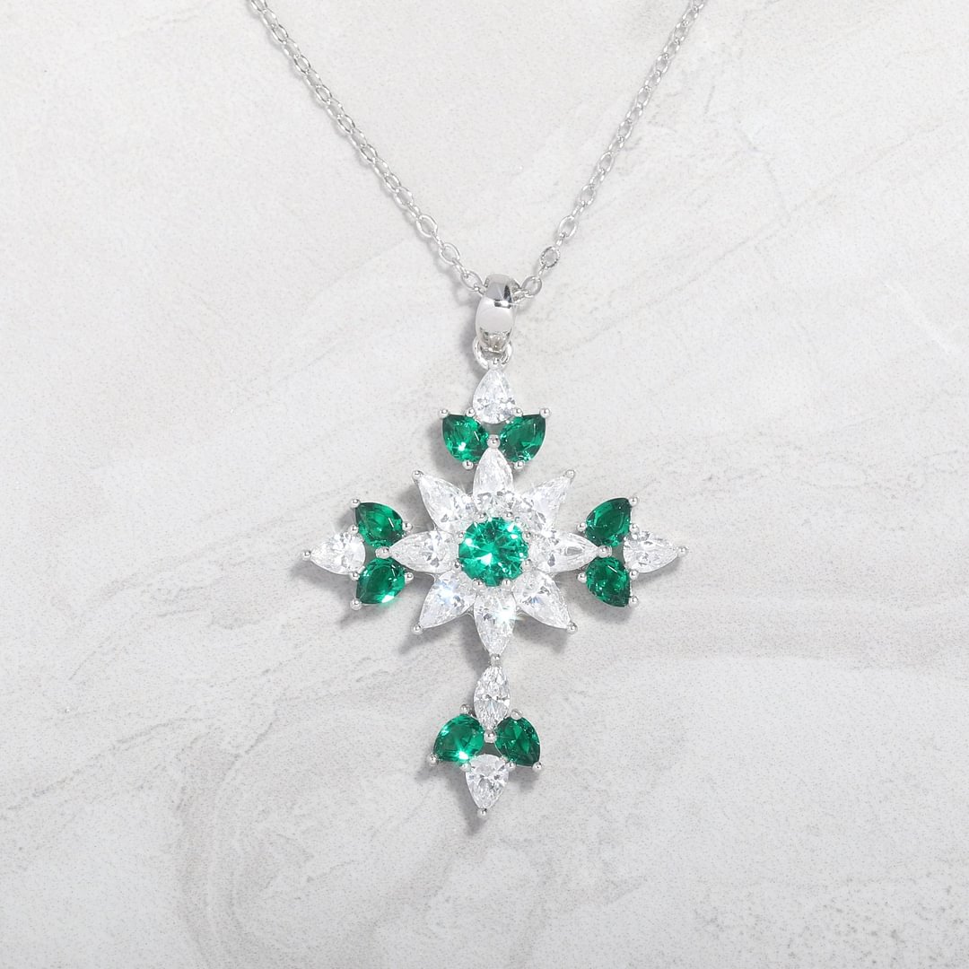 Cross Flower Emerald Green Necklace/Round Brilliant Cut Gemstone/Silver shopify LILYELF