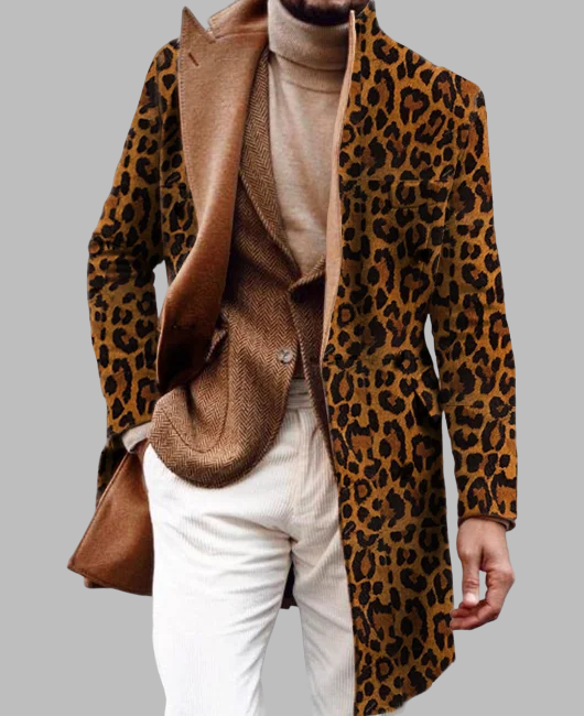 OK Leopard Pattern Lapel Collar Single Breasted Long Coat