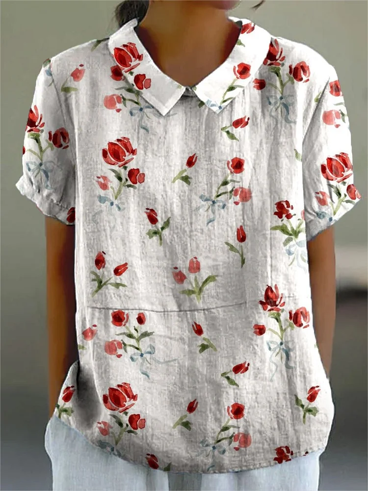 Women's Flower Print Casual Cotton And Linen Shirt