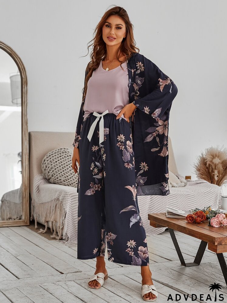 Floral Print Robe & Tank Top & Pants PJ Set