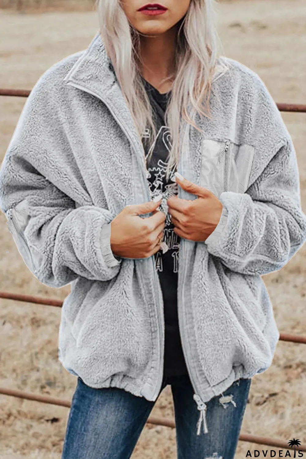 Zip Up Sherpa Coat With Pocket