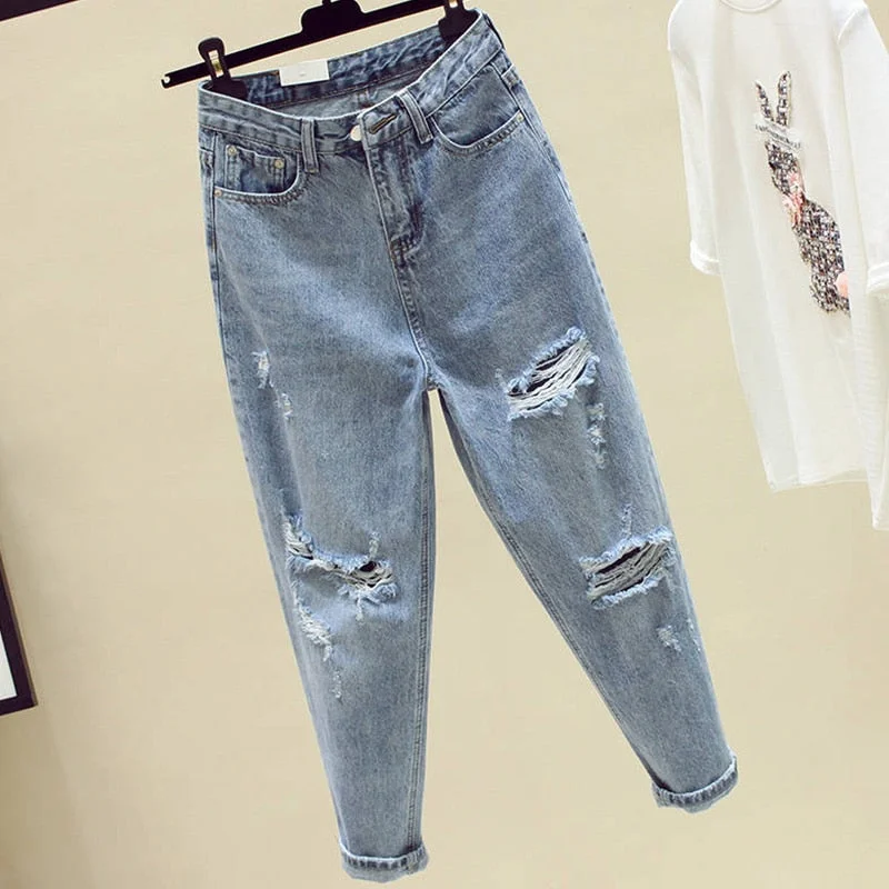 Ailegogo New Summer Women Washed Loose Denim Jeans Pants Straight Ankle Length Pants Female Tassel Hole High Waist Trousers