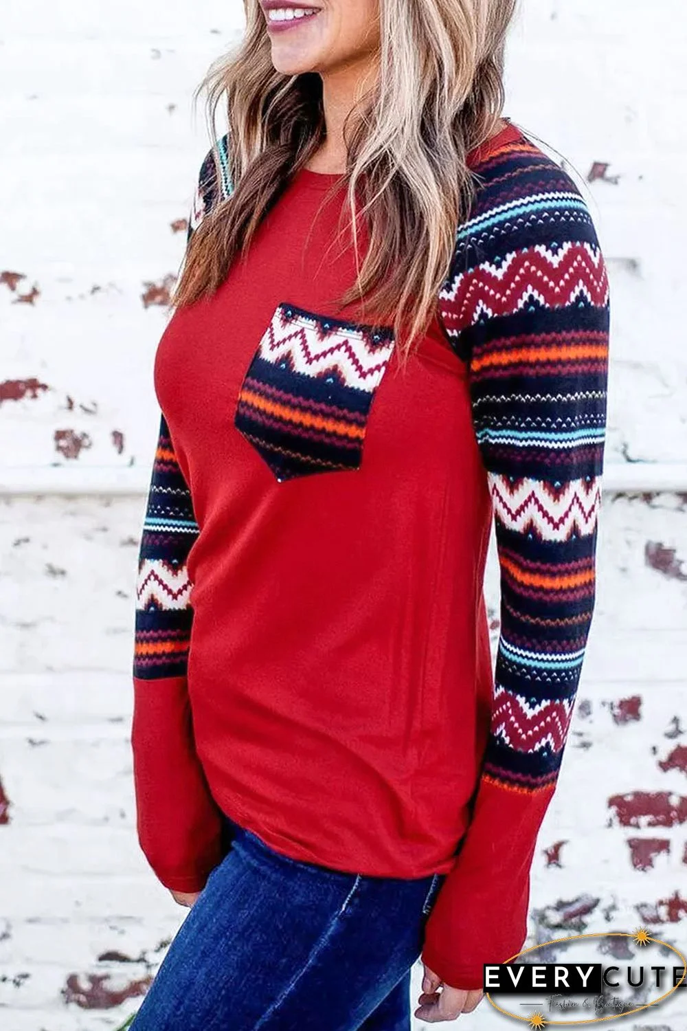 Red Raglan Sleeve Aztec Geometric Patchwork Top with Pocket