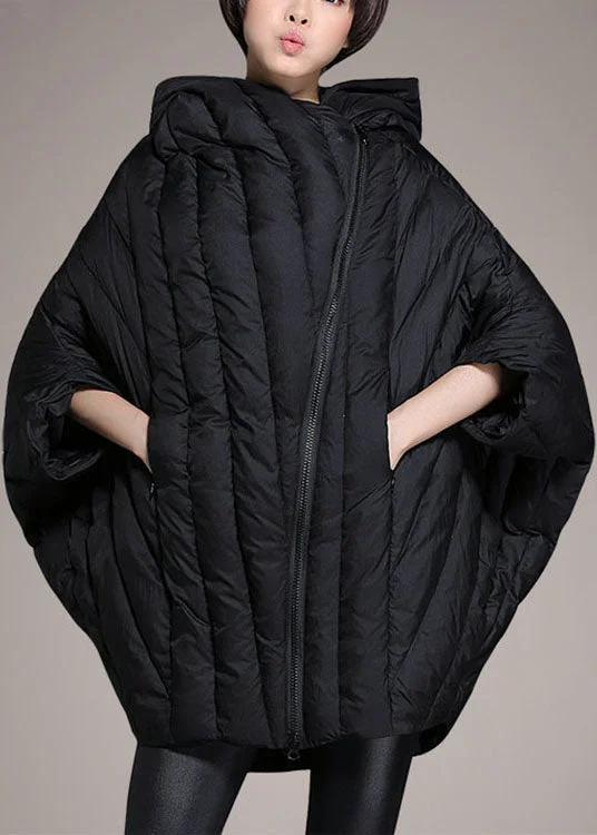 Simple Black Cloak Sleeves zippered Warm Winter Duck Down Coat