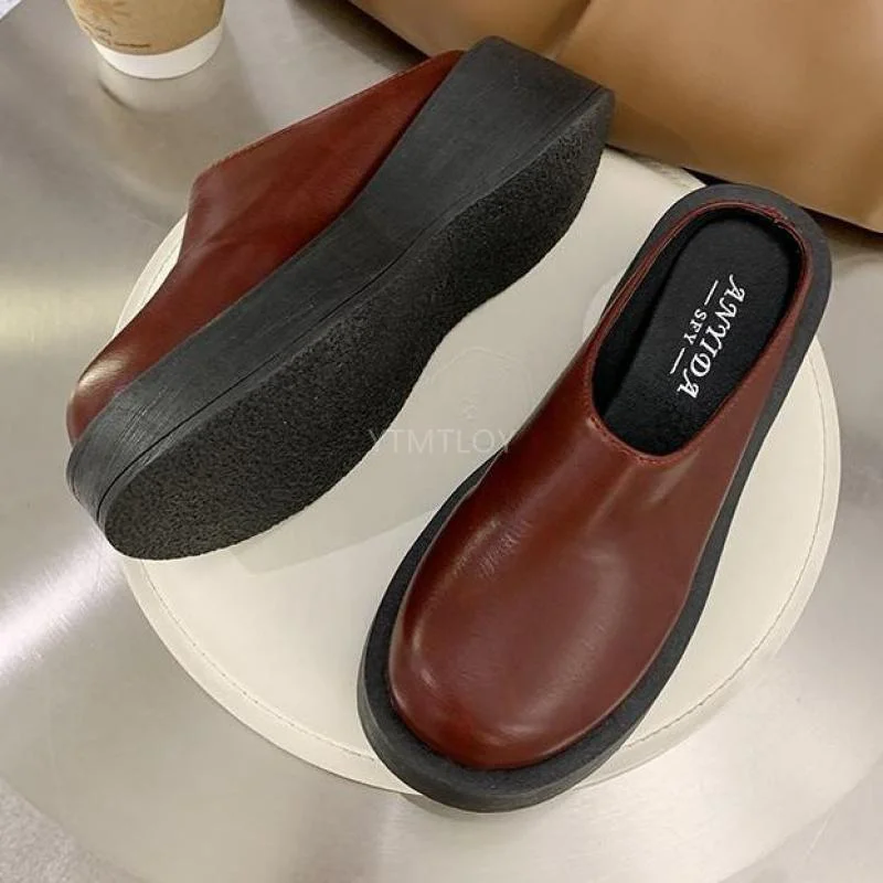 High-Heeled Shoes Lady Slippers Women Summer Platform Cover Toe Slides On Wedge Heels Rubber Pu Retro Zapatillas Mujer Casa