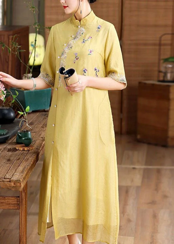 Simple Yellow Embroideried Patchwork Button Silk Dress Summer