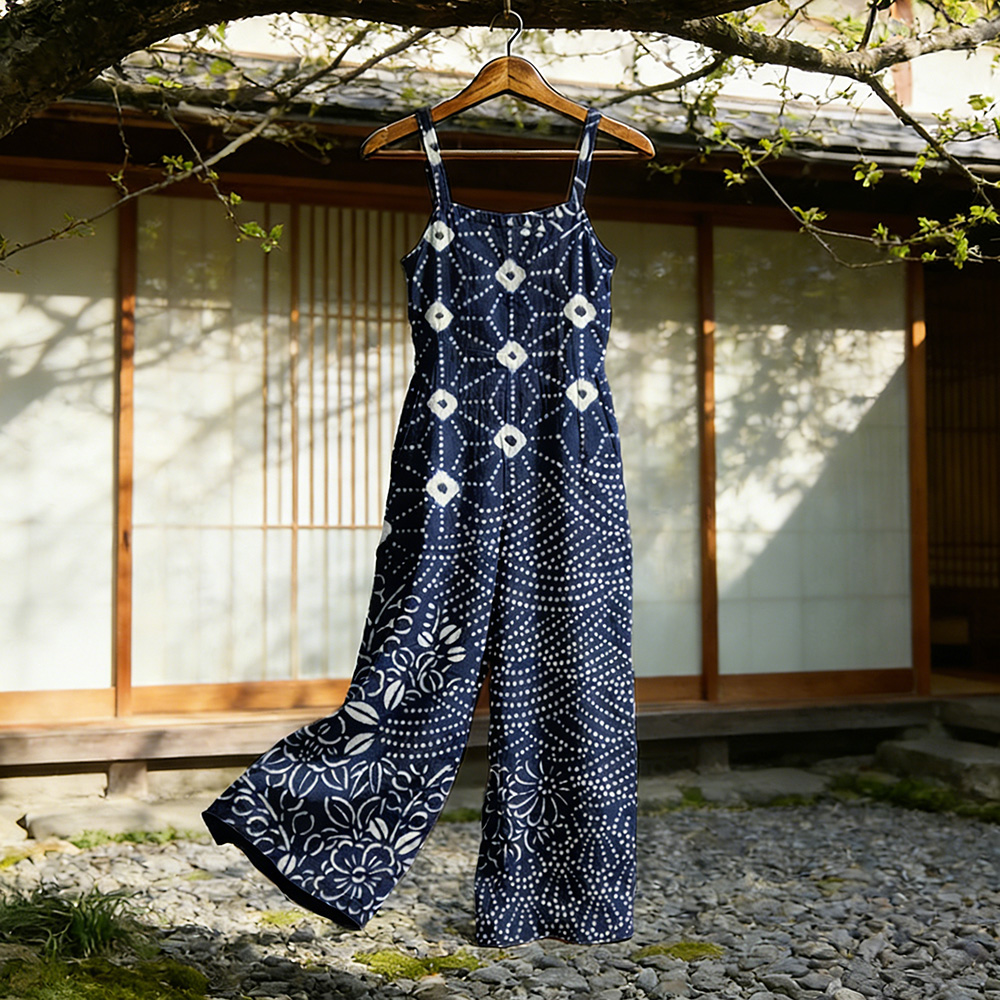 Japanese Traditional Sashiko Art Flowy Linen Jumpsuit wearshes
