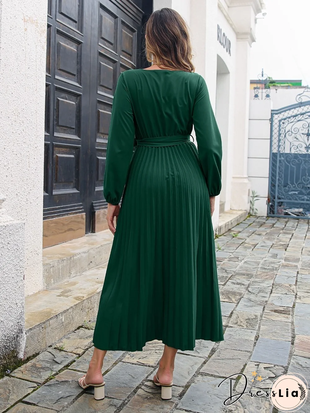 Elegant Long Sleeve Pleated Dress For Women Summer Dresses New Casual Lace-up Cross V-Neck Solid Swing Maxi Dress