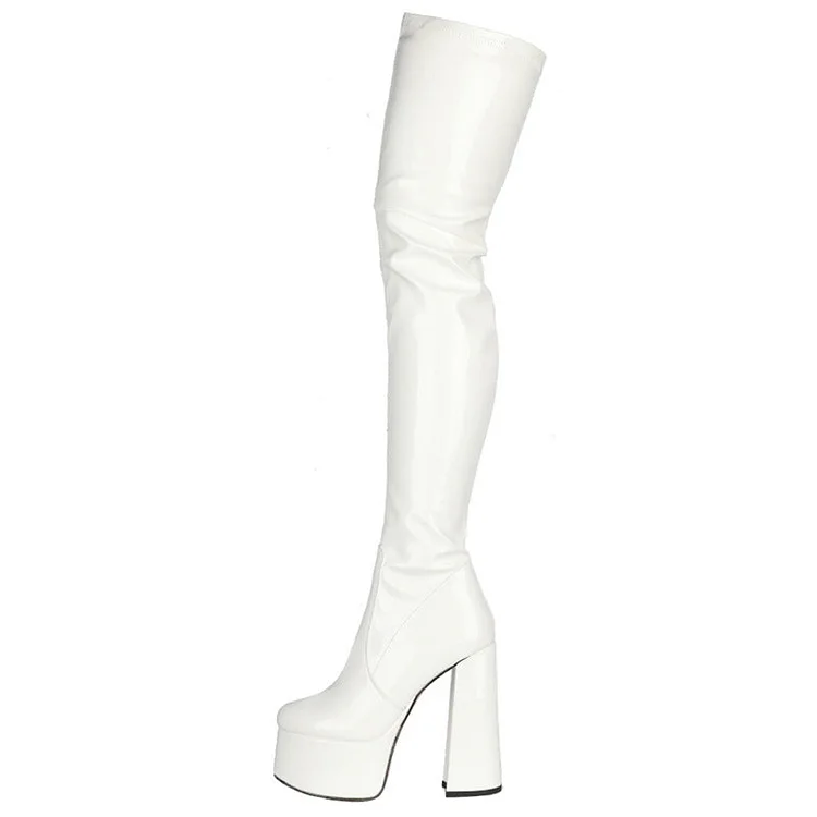 Patent Leather Platform Over The Knee Chunky Boots Light Color