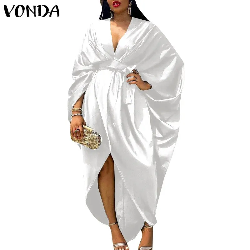 Summer Deep V Neck Party Dress VONDA Women Sexy  Irregular Hem Solid Party Dresses 2022 Bohemian Casual Vestidos Kaftan Robe