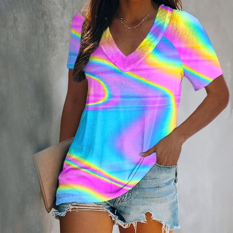 Rainbow Print Women's V-neck Tee