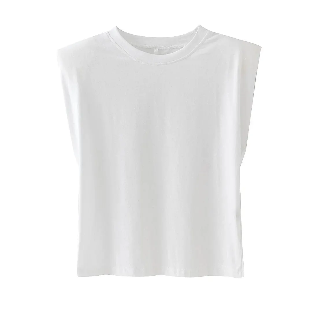 ZA Women's Vests White Sleeveless Tshirts Female Blouses Oversize Padded Shoulder Ladies Streetwear T-shirts 2021 Summer Tee