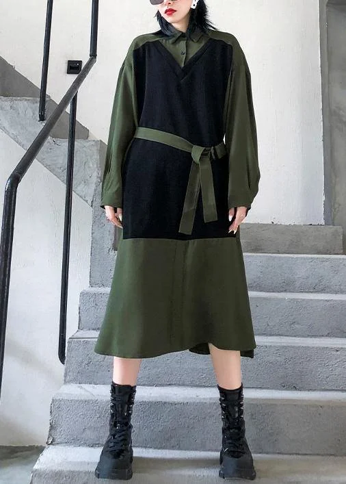 Women green cotton Tunics lapel patchwork Dresses