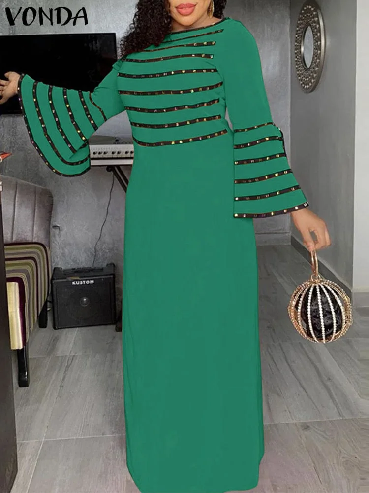Women Summer Sundress 2022 VONDA Vintage Printed Party Long Maxi Dresses Casual Long Flare Sleeve Vestido Robe Femme Femininas