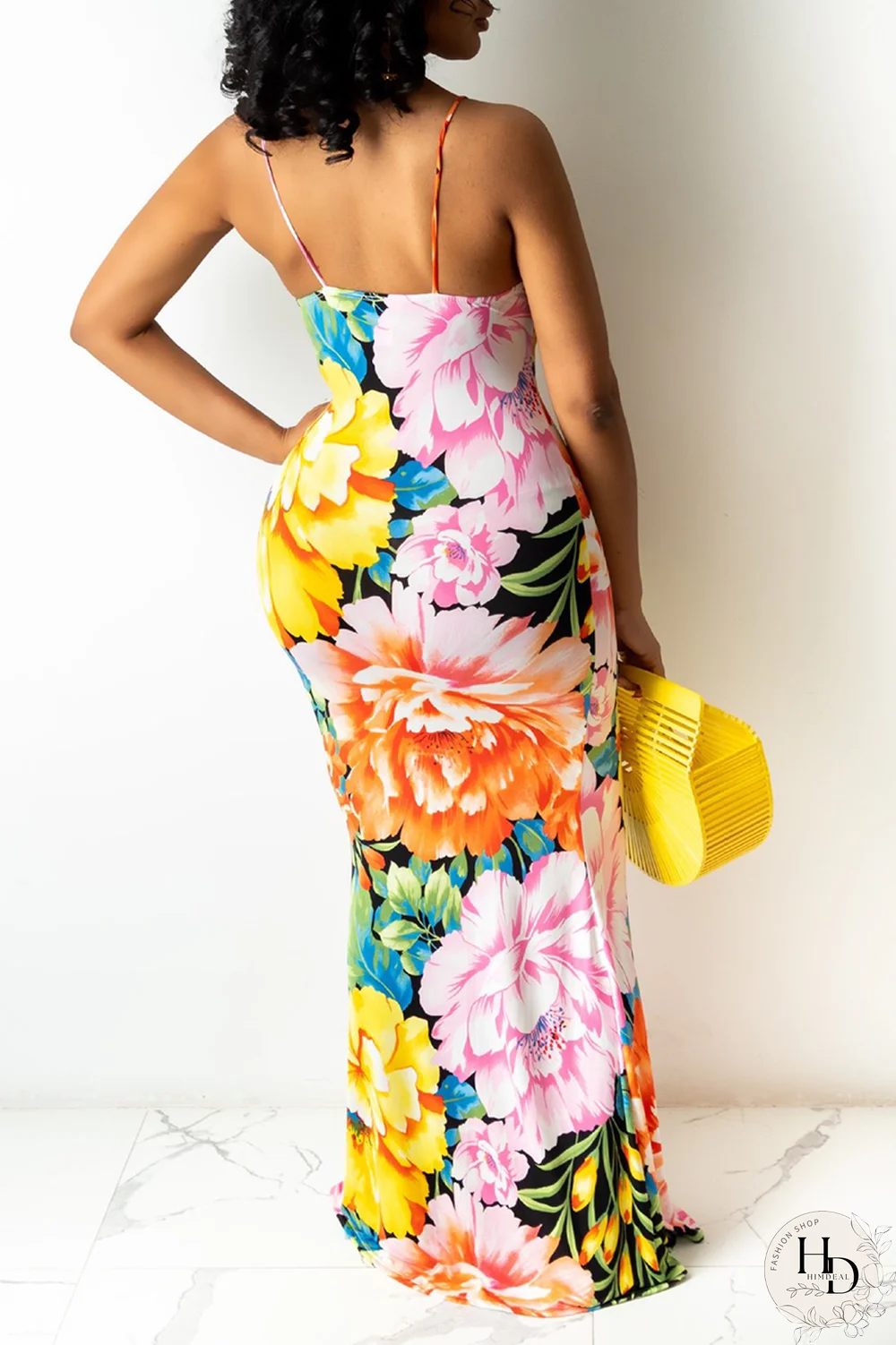 Yellow Sexy Patchwork Split Joint Spaghetti Strap Pencil Skirt Dresses