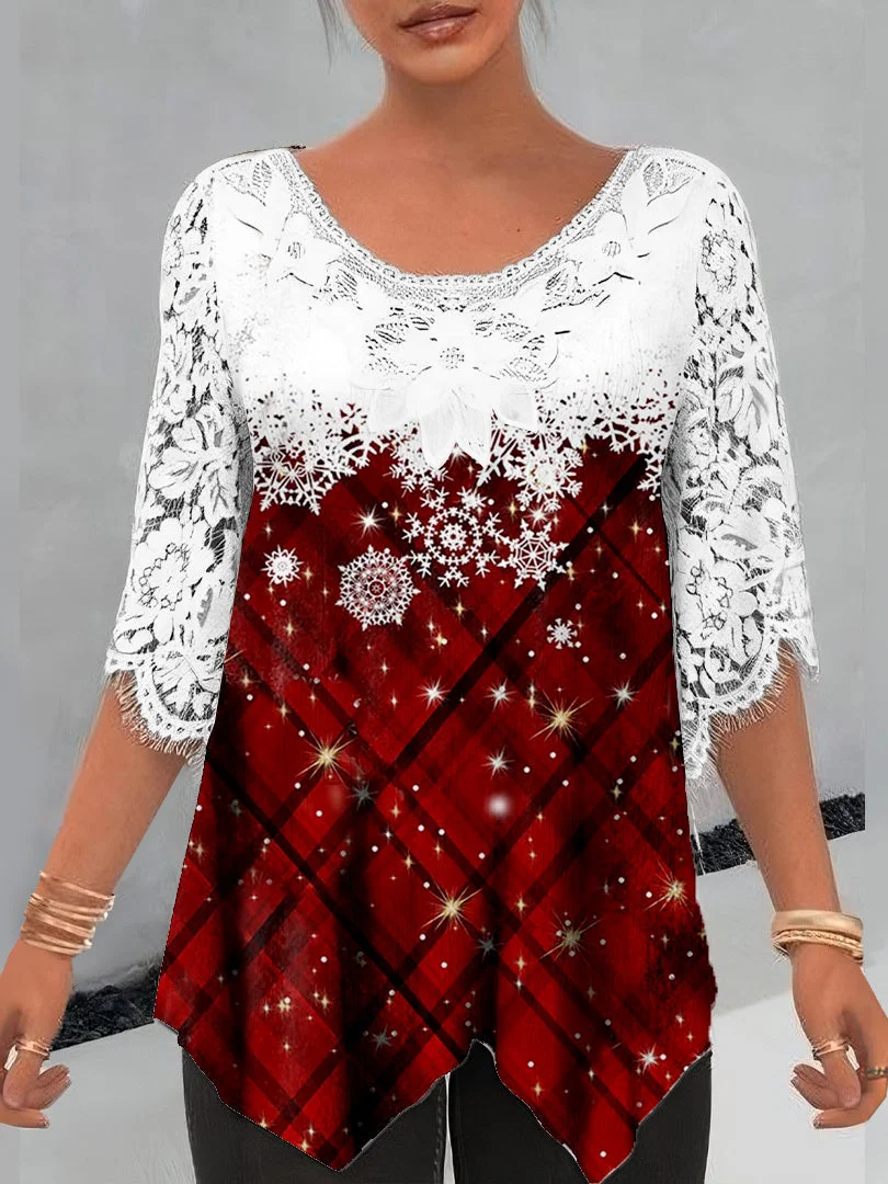 Women Asymmetrical Half Sleeve Scoop Neck Snowflake Printed Graphic Lace Tops