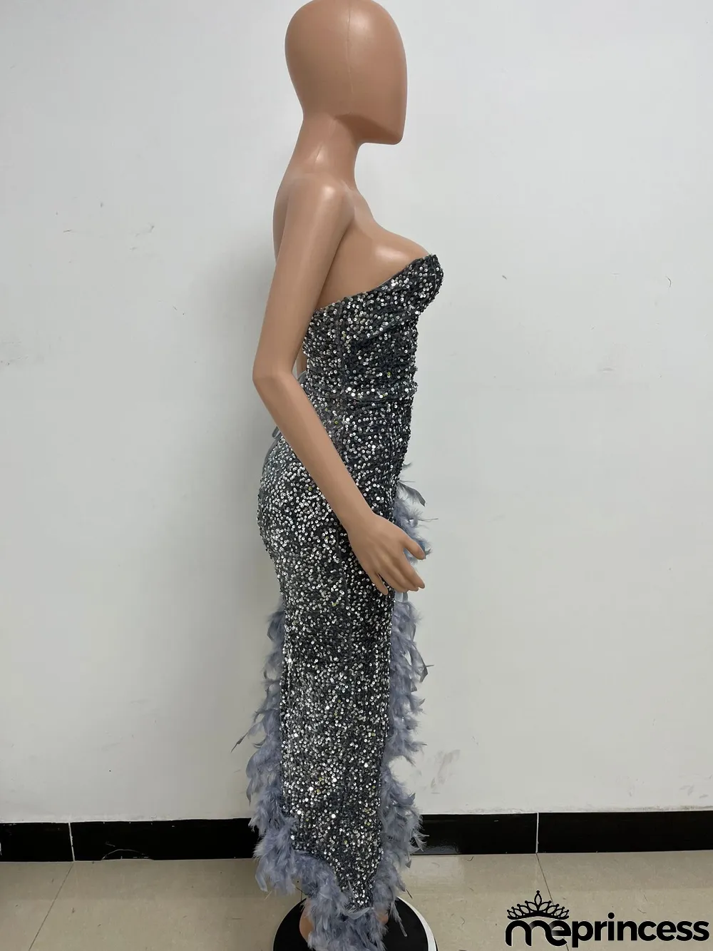 Women Sexy Off Shoulder Backless Sequin Feather Dress