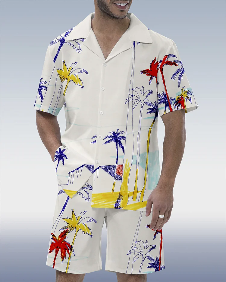 Men's Casual Vacation Hawaiian Cuban Collar Short Sleeve Shirt Set