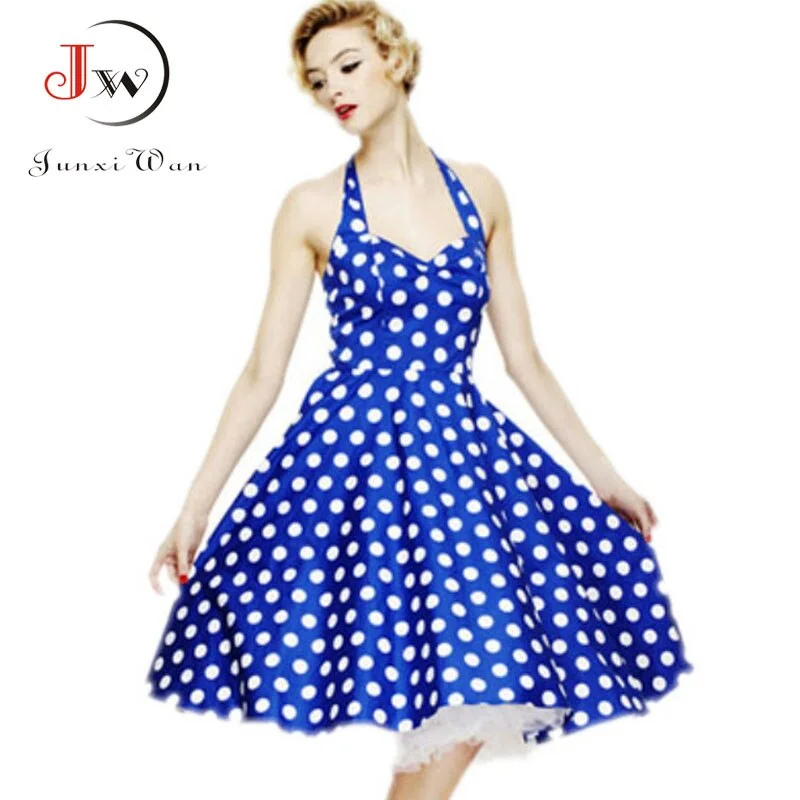 Women Polka Dot Dress Summer Hepburn 50s 60s Vintage Dress  A-Line Halter Rockabilly Retro Party Dresses Vestidos
