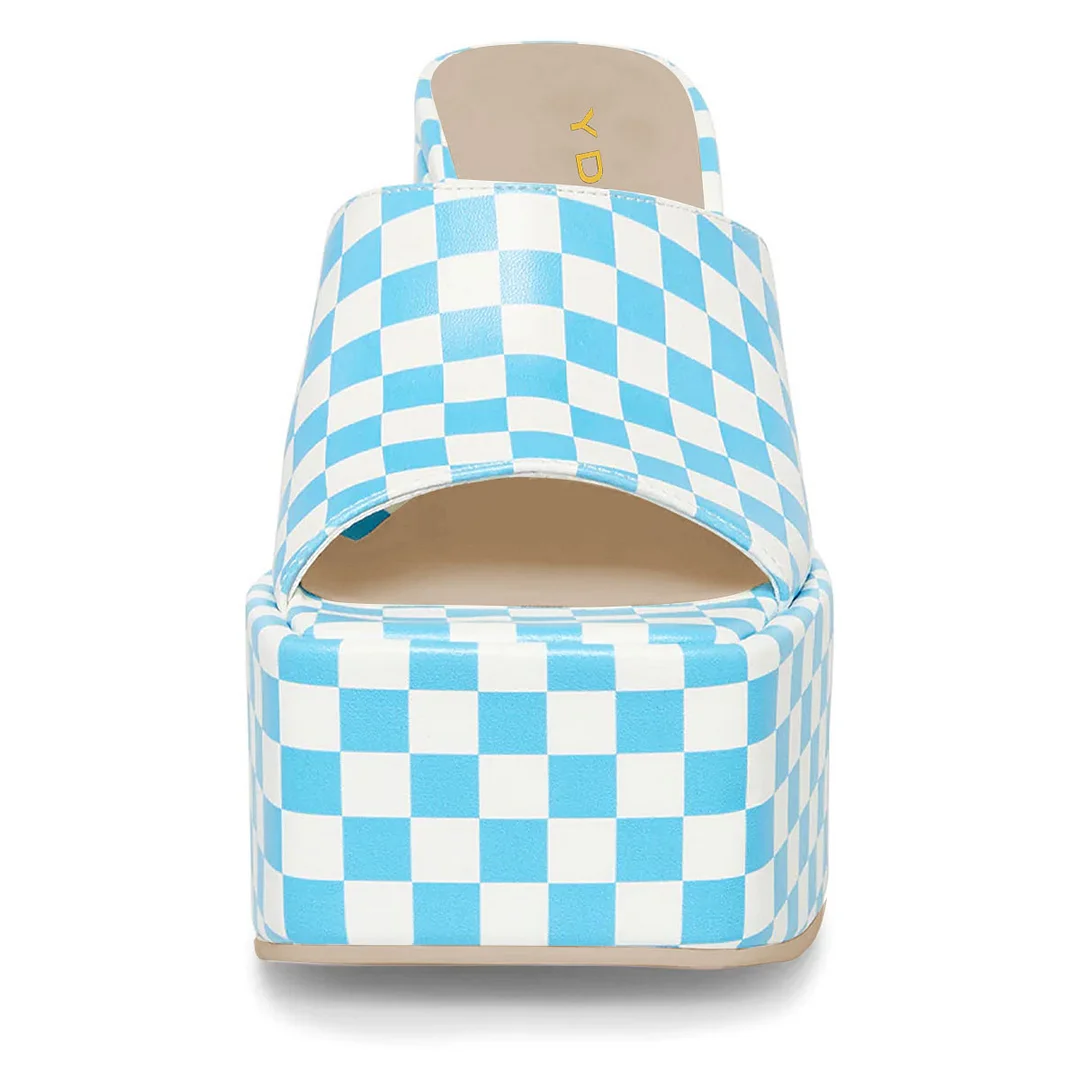 Blue & White Check Printed Square Toe Wide Band Platform Mules