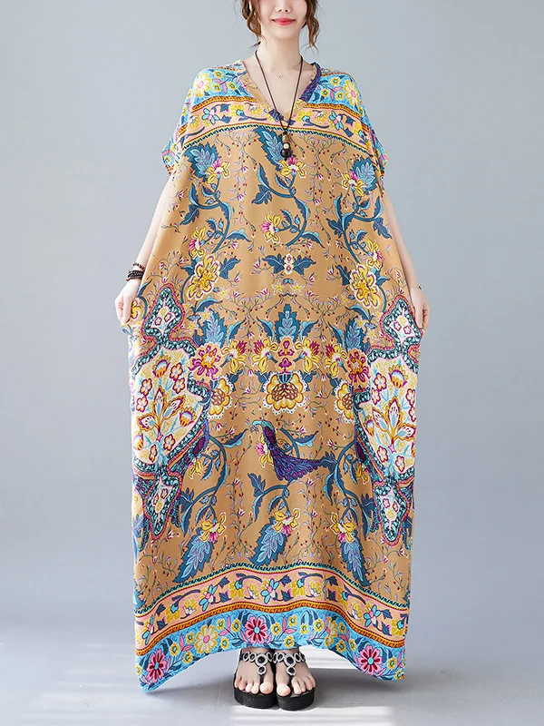 Original Loose Floral Printed V-Neck Short Sleeves Maxi Dress