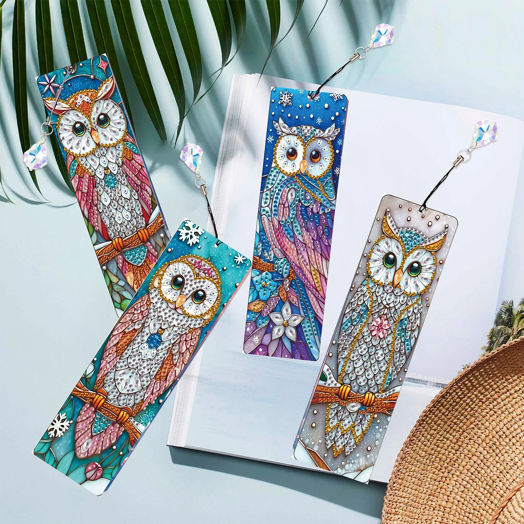 4Pcs Owl DIY Diamond Bookmark Art Projects Irregular Shaped Diamonds Diamond Painting Art Bookmarks with Crystal Pendants for DIY Making Beginners Adult Art Craft Supplies